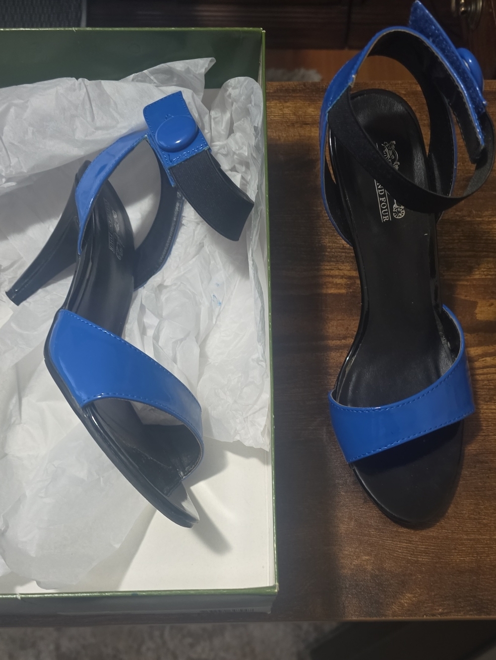 Like New Coach And Four Blue Patent Open-Toe Ankle Strap Heels